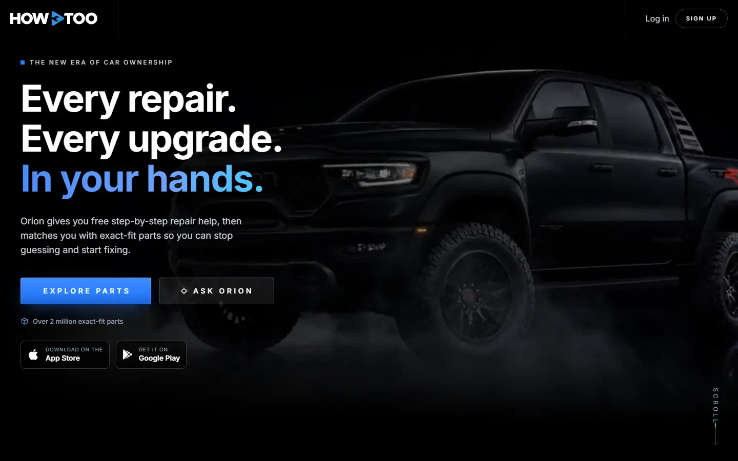 The car repair product’s home page on a laptop: a headline about putting every repair and upgrade in your hands, beside a black pickup truck.
