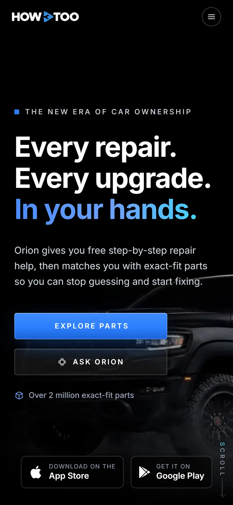 The same home page on a phone, with buttons to explore parts or ask the AI assistant.