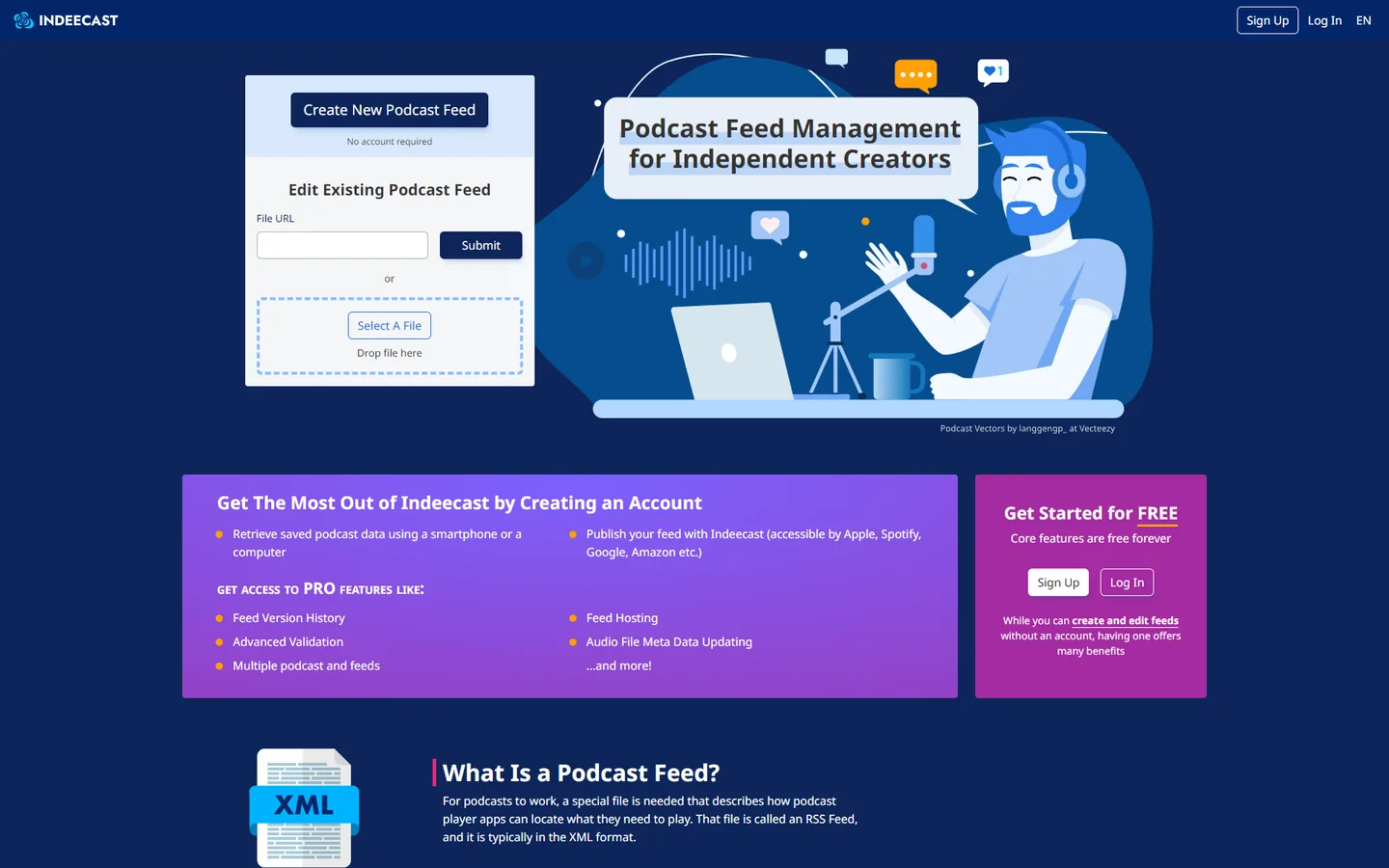 Indeecast’s home page on a laptop: a form to create a new podcast feed or edit an existing one, beside “Podcast Feed Management for Independent Creators” and an illustration of a podcaster at a microphone.