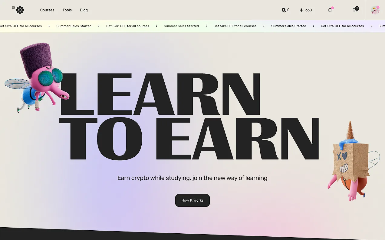Motion Design School’s learn-to-earn page on a laptop: “Learn to earn” in large letters between two cartoon characters, above “Earn crypto while studying, join the new way of learning” and a How It Works button.